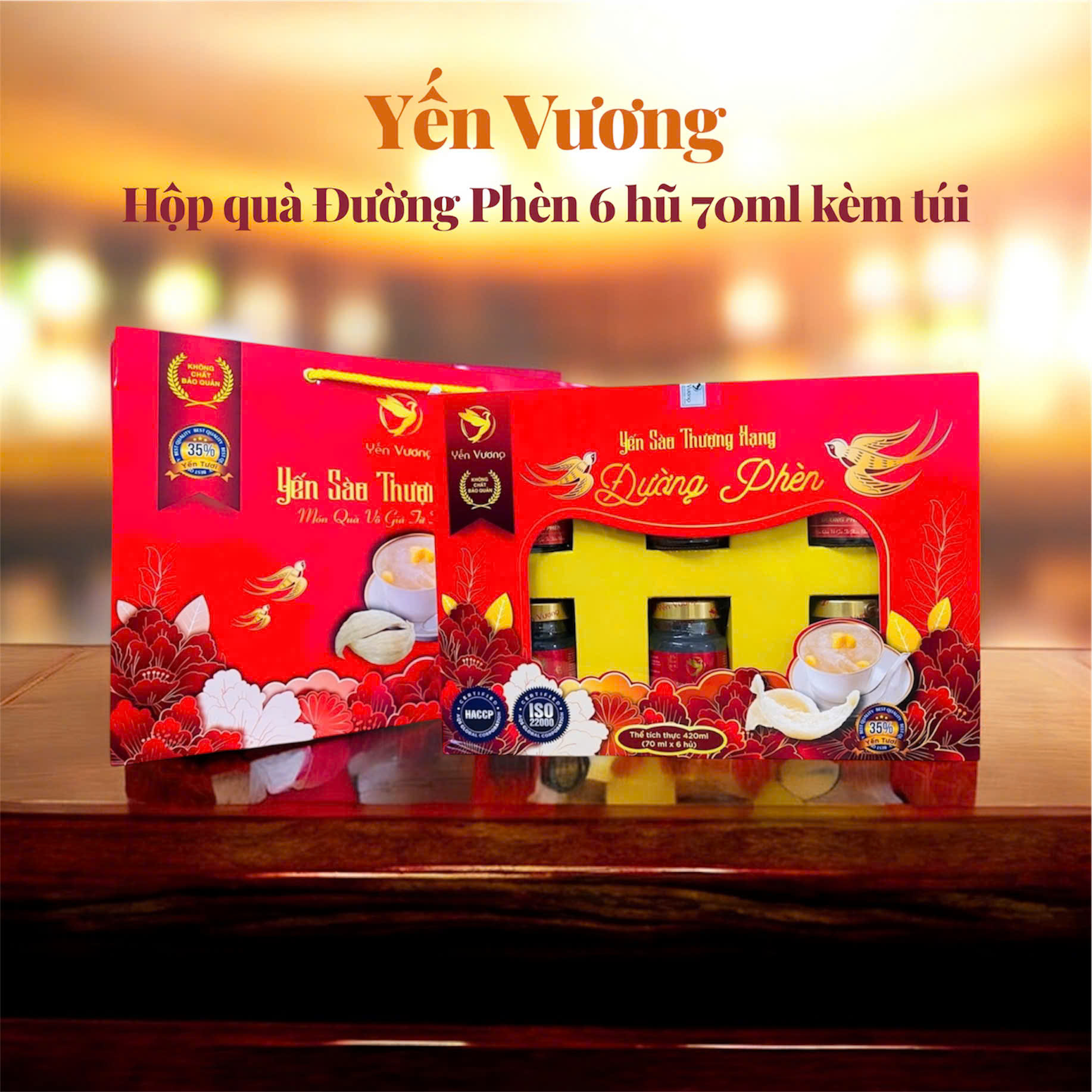 Hộp quà lớn 6 hũ yến Vương kèm túi 70ml Đường Phèn